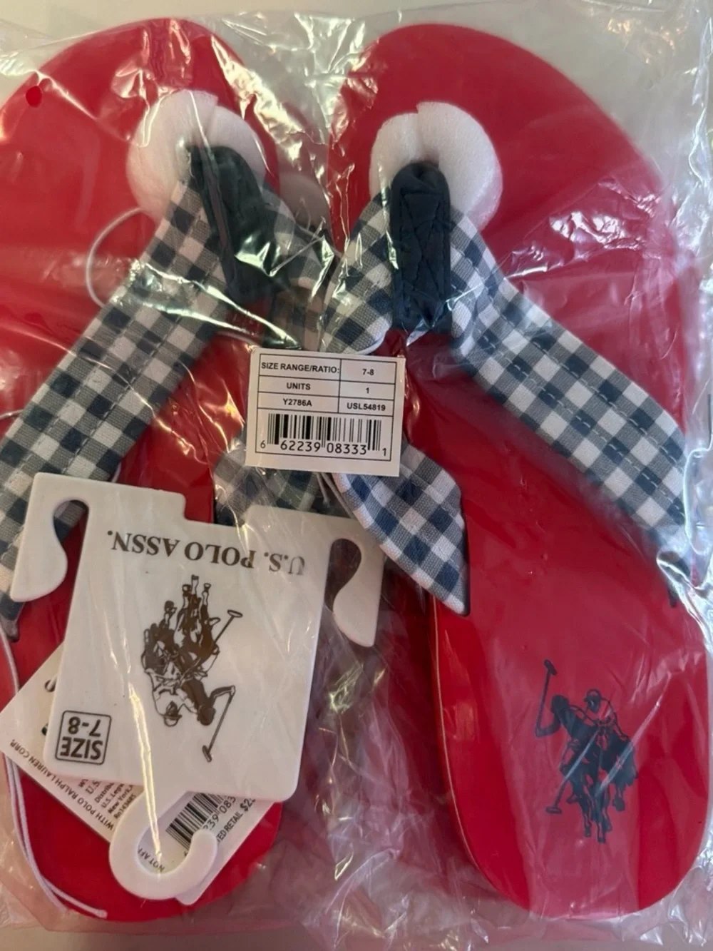 U.S. Polo Assn. Red women’s Flip Flops with Black-and-White Gingham Straps
